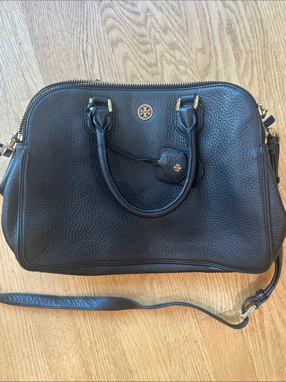 Tory Burch Robinson Black Pebbled Leather Double Zipper Satchel